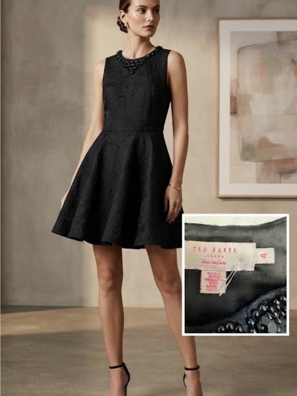 Ted Baker Black Jacquard Beaded Neck Fit & Flare Mini Dress US sz 10